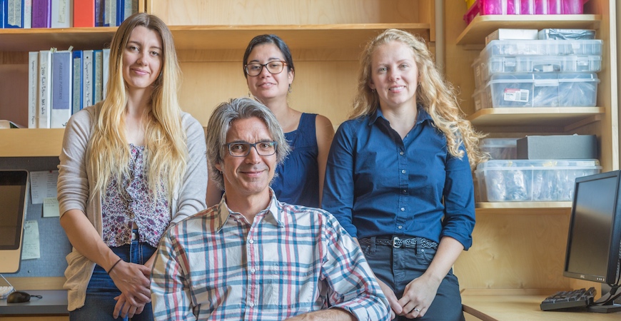 Professor Michael Dawson, graduate student Karly Higgins and postdoctoral researchers Dannise Ruiz-Ramos (center) and Lauren Schiebelhut.